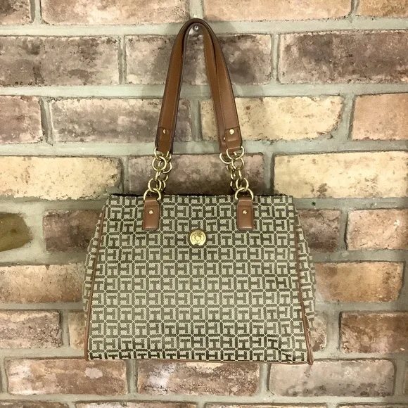 TOMMY HILFIGER Monogram Tan Logo Satchel/Bag - Picture 1 of 9